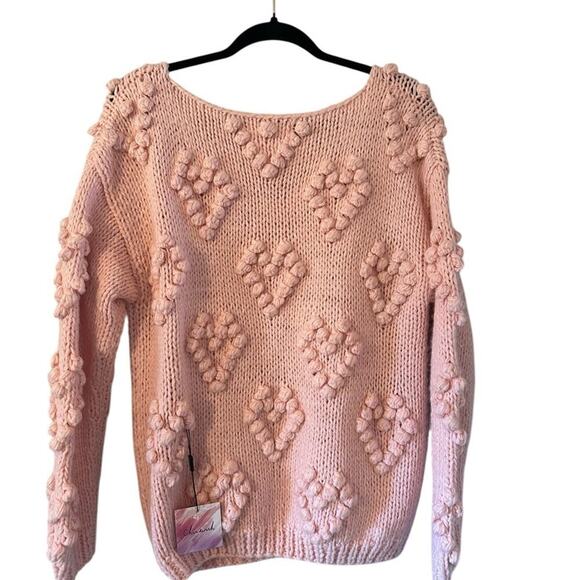 Chic Wish Heart Pom Pom Sweater V Neck Pink Hand Knitted Size S/M Wool Blend NWT - Picture 5 of 6